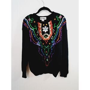 Christine Gerard Vintage Beaded Sequin Crew-neck Sweater Black Size Medium